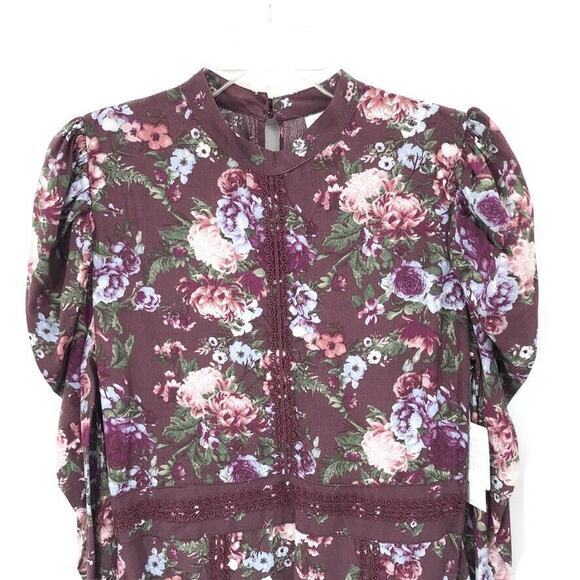 Coco &‎ Jaimeson Womens Floral Puff Sleeve Dress Purple Multicolor Lace Detail M - Picture 2 of 6